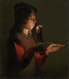 A young boy with a pipe, blowing on a firebrand, 1645-1648