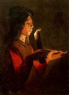 A young boy with a pipe, blowing on a firebrand (Le Souffleur à la pipe). Creator: La Tour, Georges de, (Circle) (1583-1652)