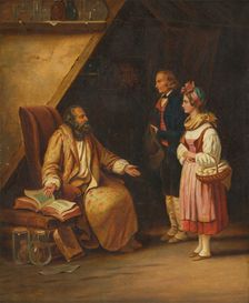 A young couple visit a savant who consults ancient volumes in order to provide counselling...(1833?) Creator: Edouard Pingret