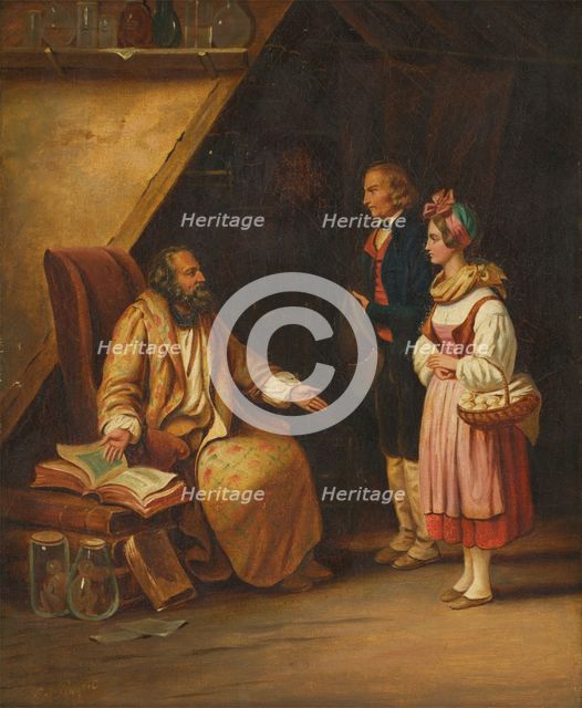 A young couple visit a savant who consults ancient volumes in order to provide counselling...(1833?) Creator: Edouard Pingret.