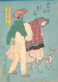 A Young French Lady and a Siamese Servant Taking a Dog for a Walk, November 1860., November 1860. Creator: Sadahide Utagawa