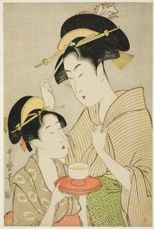 A Young Girl Offering Tea to Another Woman, Japan, c. 1797. Creator: Kitagawa Utamaro