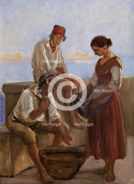 A young girl and two fishermen, c1853. Creator: Wilhelm Marstrand.