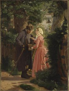A Young Girl Asks the Mailman to Deliver a Letter, 1858. Creator: Christen Dalsgaard
