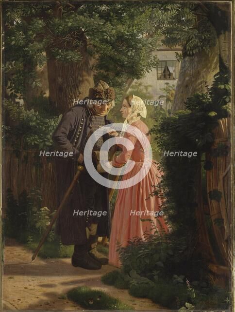 A Young Girl Asks the Mailman to Deliver a Letter, 1858. Creator: Christen Dalsgaard.