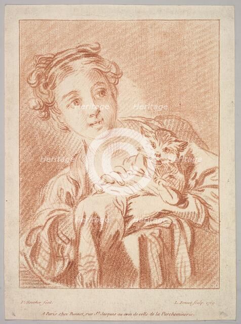 A Young Girl holding a Cat, 1769. Creator: Louis Marin Bonnet.