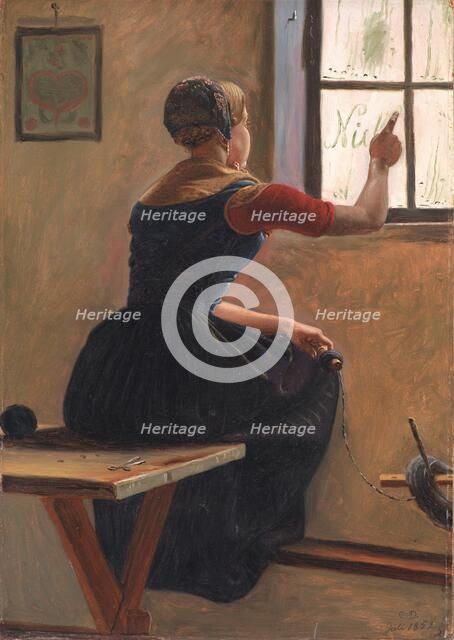 A Young Girl in Jutland Writing her Beloved's Name on a Misty Window, 1852. Creator: Christen Dalsgaard.