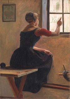 A Young Girl in Jutland Writing her Beloved's Name on a Misty Window, 1852. Creator: Christen Dalsgaard