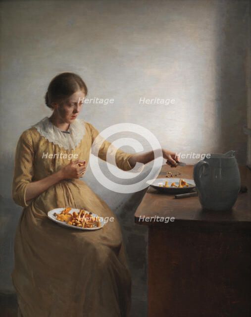 A Young Girl Preparing Chanterelles, 1892. Creator: Peter Vilhelm Ilsted.