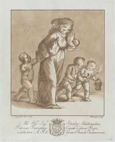 A young girl walks towards the left with one infant on her shoulder and holding anothe..., ca. 1780. Creator: Stefano Mulinari