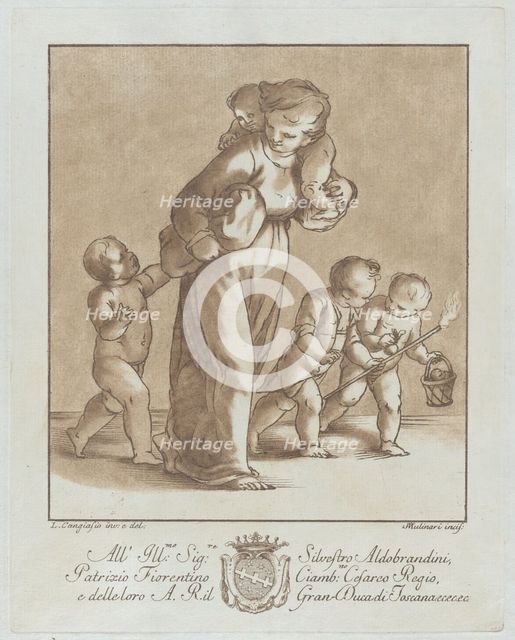 A young girl walks towards the left with one infant on her shoulder and holding anothe..., ca. 1780. Creator: Stefano Mulinari.
