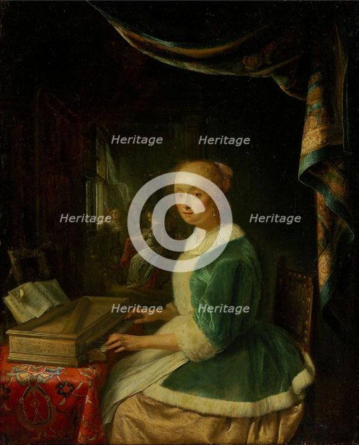 A young lady playing a clavichord.