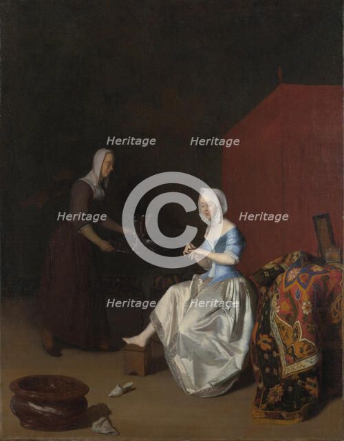 A Young Lady trimming her Fingernails, attended by a Maidservant, c. 1670. Artist: Ochtervelt, Jacob Lucasz. (1634-1682)