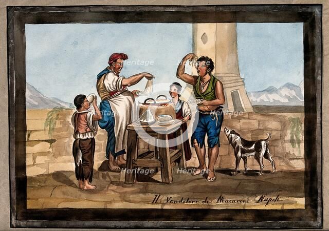 A young man and two smaller children in Naples stand around the stall of a man selling..., 1800-1899 Creator: Unknown.