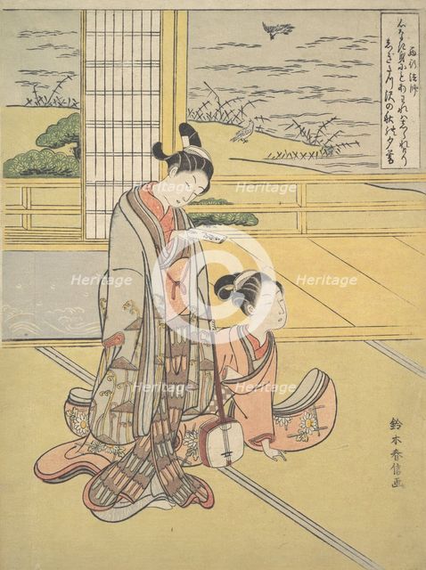A Young Man and Woman with a Shamisen; Monk Saigyo, from a series alluding to the Thre..., ca. 1768. Creator: Suzuki Harunobu.