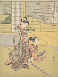 A Young Man and Woman with a Shamisen; Monk Saigyo, from a series alluding to the Thre..., ca. 1768. Creator: Suzuki Harunobu