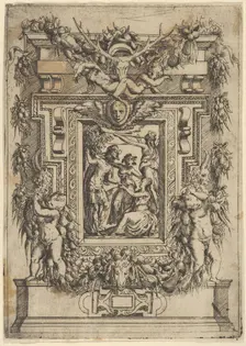 A young man offers his hand to a seated woman, another woman stands between them an..., ca. 1540-80. Creator: Battista del Moro