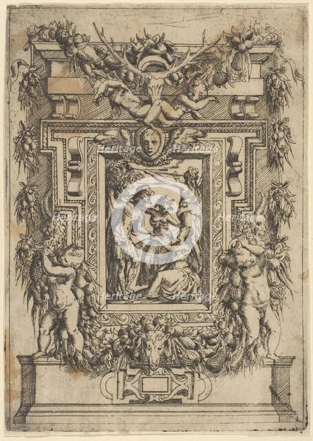 A young man offers his hand to a seated woman, another woman stands between them an..., ca. 1540-80. Creator: Battista del Moro.