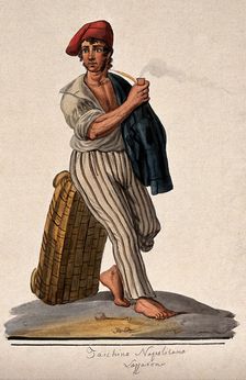 A young man leans against a basket with his jacket slung over his shoulder smoking a pipe. Creator: Unknown
