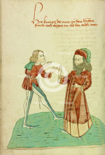 A Young Man Meeting an Older Bearded Man; Barlaam und Josaphat, 1469. Creators: Hans Schilling, Diebolt Lauber.