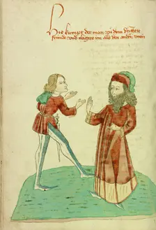 A Young Man Meeting an Older Bearded Man; Barlaam und Josaphat, 1469. Creators: Hans Schilling, Diebolt Lauber