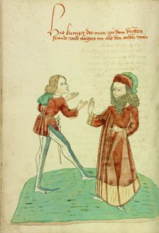 A Young Man Meeting an Older Bearded Man; Barlaam und Josaphat, 1469. Creators: Hans Schilling, Diebolt Lauber