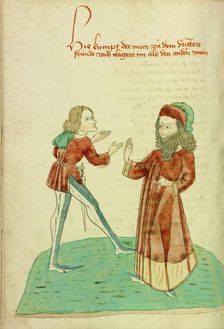 A Young Man Meeting an Older Bearded Man; Barlaam und Josaphat, 1469. Creators: Hans Schilling, Diebolt Lauber