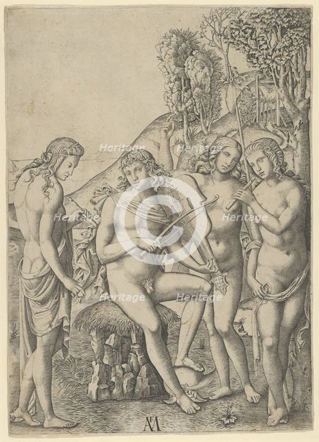 A young man, seated and playing the violin at centre, flanked by two woman holding ..., ca. 1510-27. Creator: Marcantonio Raimondi.