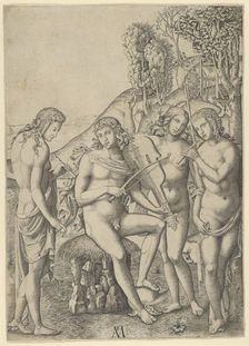 A young man, seated and playing the violin at centre, flanked by two woman holding ..., ca. 1510-27. Creator: Marcantonio Raimondi