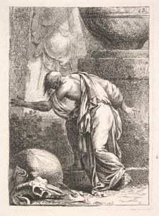 A young man, seen from behind and ascending a step towards the left, a cloak draped over h..., 1766. Creator: Bossi