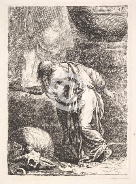 A young man, seen from behind and ascending a step towards the left, a cloak draped over h..., 1766. Creator: Bossi.