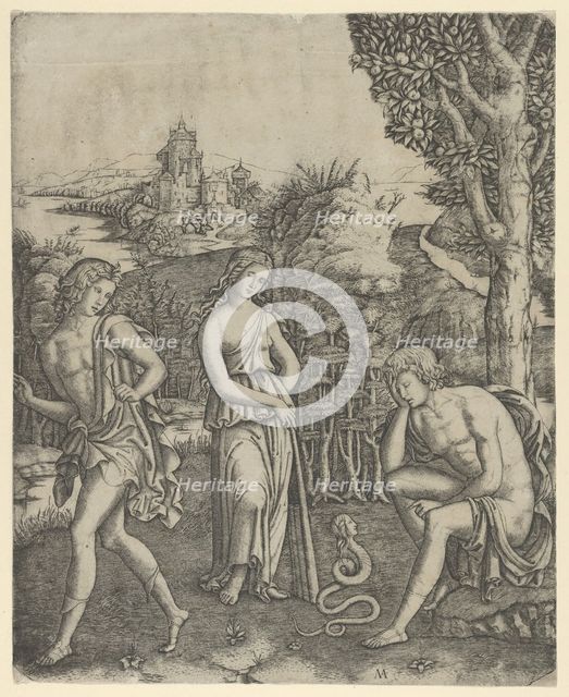 A young man sitting at right resting his head in his hand, a snake with a womans he..., ca. 1510-20. Creator: Marcantonio Raimondi.