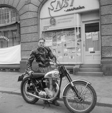 A young man with his imported BSA motorbike, Landskrona, Sweden, c1950s(?)