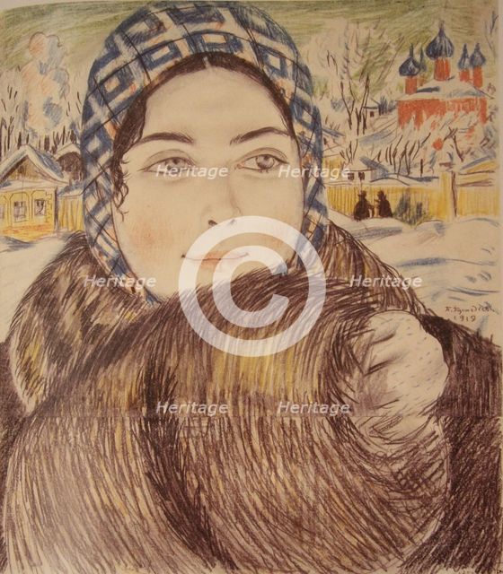 A young merchant's wife in the a checkered scarf, 1919. Artist: Kustodiev, Boris Michaylovich (1878-1927)