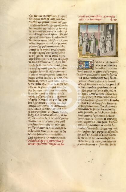 A Young Nobleman Leaving a Young Woman in the Care of an Abbess; Miroir Historial, about 1475. Creator: Unknown.