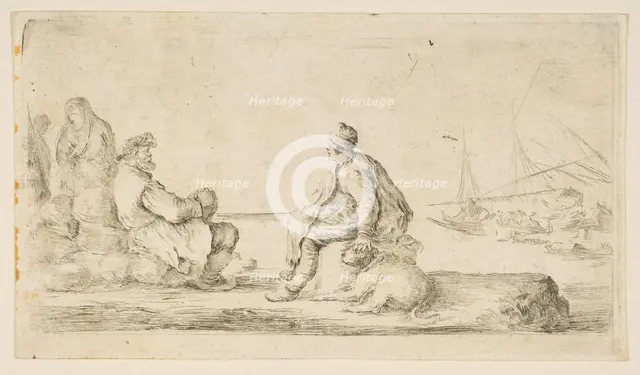 A young sailor and an old man sitting by the sea, 17th century. Creator: Stefano della Bella.