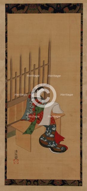 A yujo sitting outside a brothel and looking at a blank paper, 18th-19th century. Creator: Unknown.
