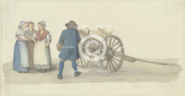 A A farmer and three women from the Hunsrück region by a cart, with a cow behind them, c1840s. Creator: Jakob Dielmann.