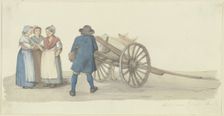 A A farmer and three women from the Hunsrück region by a cart, with a cow behind them, c1840s. Creator: Jakob Dielmann