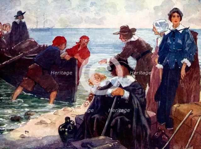 'A band of exiles moor'd their bark on the wild New England shore', 1620, (1905).Artist: A S Forrest