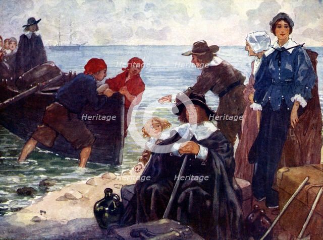 'A band of exiles moor'd their bark on the wild New England shore', 1620, (1905).Artist: A S Forrest