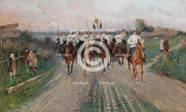 A band goes through the village. Creator: Voroshilov, Sergey Semyonovich (before 1865-after 1911).