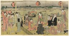 A Banquet in a Pleasure House on the Bank of the Okawa (Okawa bata giro jo no yusen), c. 1792. Creator: Angyusai Enshi