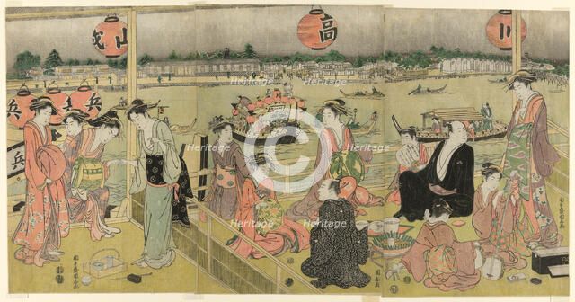 A Banquet in a Pleasure House on the Bank of the Okawa (Okawa bata giro jo no yusen), c. 1792. Creator: Angyusai Enshi.