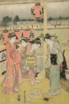 A Banquet in a Pleasure House on the Bank of the Okawa (Okawa bata giro jo no yusen), c. 1792. Creator: Angyusai Enshi