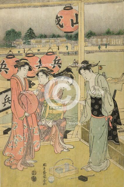 A Banquet in a Pleasure House on the Bank of the Okawa (Okawa bata giro jo no yusen), c. 1792. Creator: Angyusai Enshi.