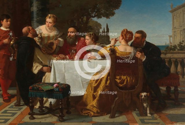 A Banquet - Sebastiano del Piombo and Jacopo Strada visits Titian in Venice, 1862. Creator: Kraus, Friedrich (1826-1894).