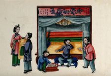 A baby is bathed while an attendant brings tea to the mother who is reclining on a settee..., 1800. Creator: Unknown