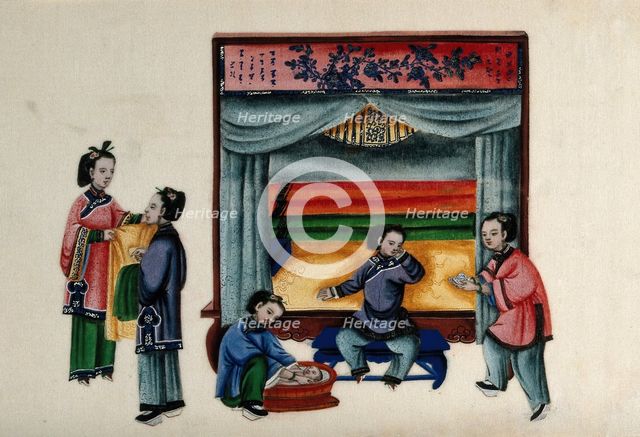 A baby is bathed while an attendant brings tea to the mother who is reclining on a settee..., 1800. Creator: Unknown.