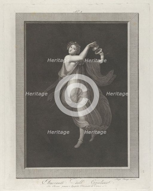 A bacchante, a garland on her head, and playing cymbals, set against a black backgrou..., 1795-1820. Creator: Aloysio Cunego.